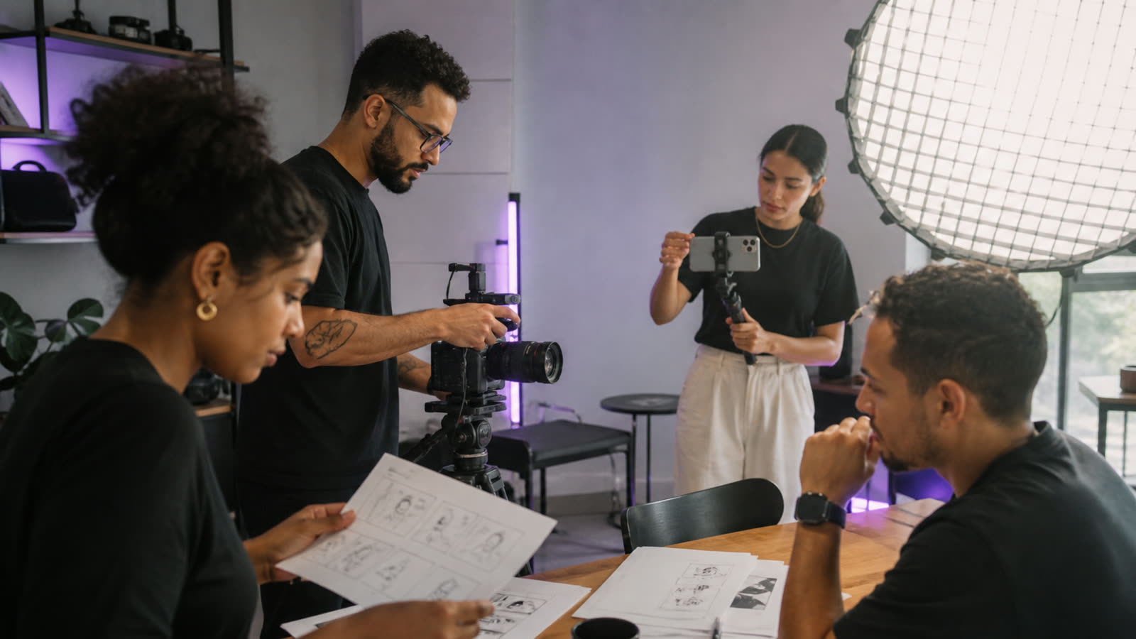 Equipe conversando com cliente durante reunião presencial em escritório na cidade