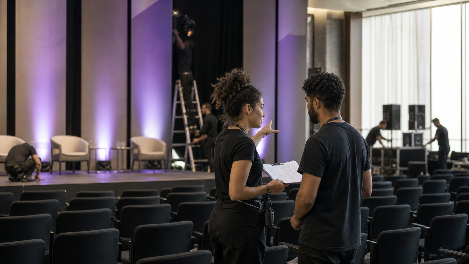 Equipe planejando cronograma de divulgação de evento com calendário e peças de comunicação