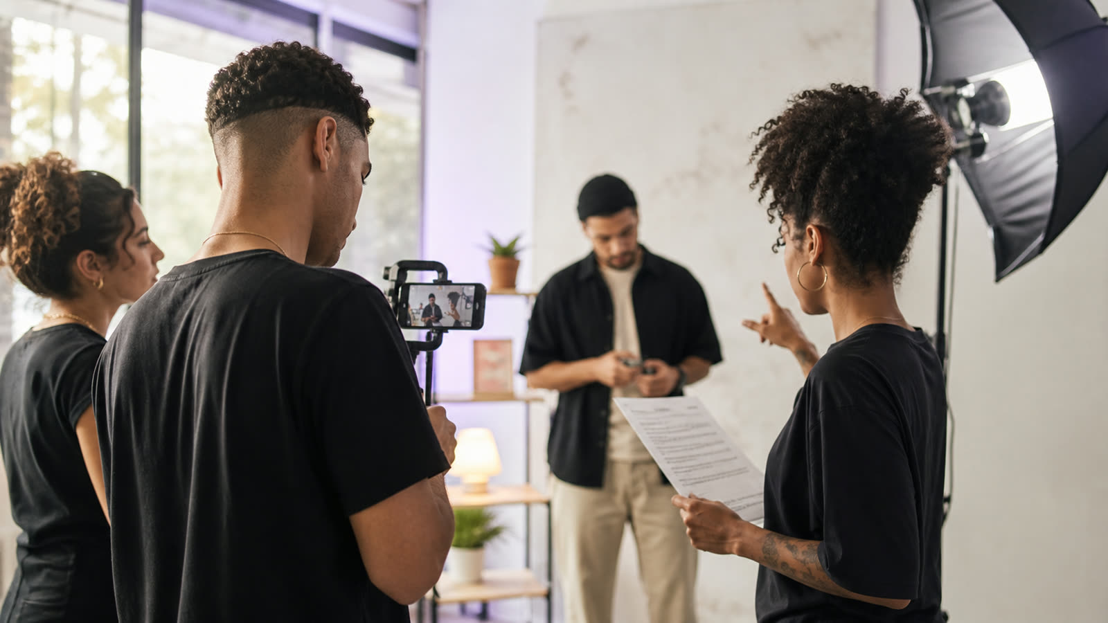 Equipe gravando conteúdo para redes sociais com celular em tripé e iluminação de estúdio